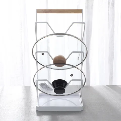 Japanisch Minimalistisch Eisen Weiß Topfdeckelhalter Holzgriff Arbeitsplatte Drei Ebenen Schneidebrett Organisator Rack Mit Auffangschale