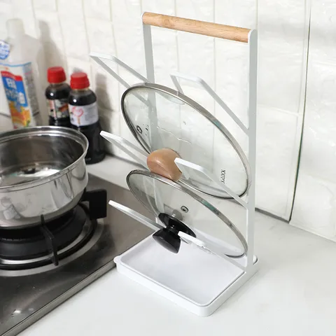 Japanisch Minimalistisch Eisen Weiß Topfdeckelhalter Holzgriff Arbeitsplatte Drei Ebenen Schneidebrett Organisator Rack Mit Auffangschale