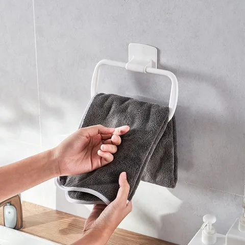 White Square Towel Ring No-Drill Adhesive Bathroom Towel Holder ABS Plastic Wall Mounted Towel Hanger For Toilet Home Decor