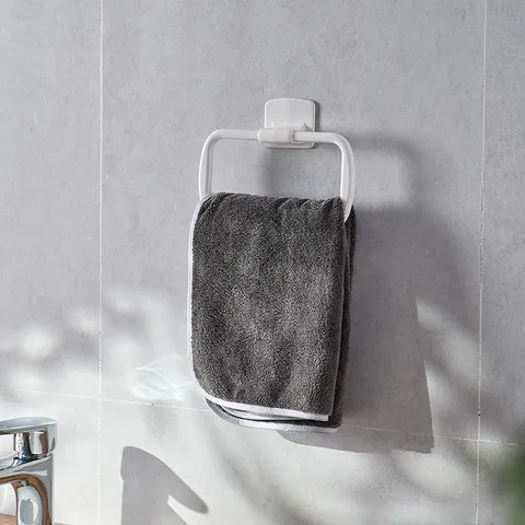 White Square Towel Ring No-Drill Adhesive Bathroom Towel Holder ABS Plastic Wall Mounted Towel Hanger For Toilet Home Decor