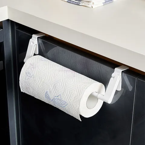 Japanese Style White ABS Kitchen Paper Towel Holder Punch Free Cabinet Door Hanging Storage Rack For Plastic Wrap Towel