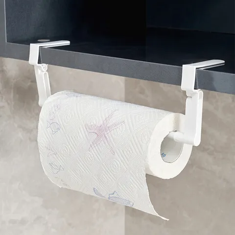 Japanese Style White ABS Kitchen Paper Towel Holder Punch Free Cabinet Door Hanging Storage Rack For Plastic Wrap Towel