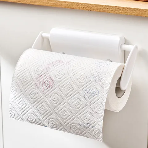 White Plastic Kitchen Paper Towel Holder Wall Mounted Punch Free Retractable Cabinet Roll Paper Rack For Cling Film Storage