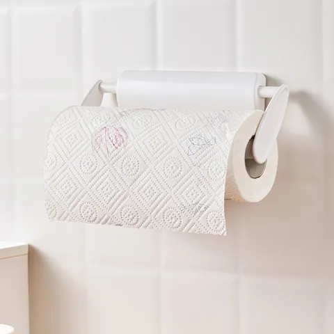 White Plastic Kitchen Paper Towel Holder Wall Mounted Punch Free Retractable Cabinet Roll Paper Rack For Cling Film Storage