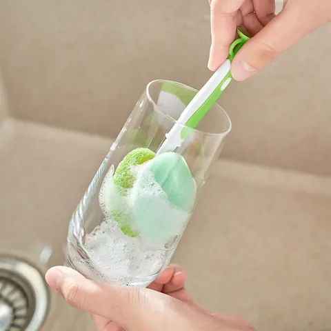 Modern Minimalist Plastic Sponge Cup Brush Suction Cup Self Standing Double Sided Household Kitchen Cleaning Scouring Pad Long Handle Bottle Brush