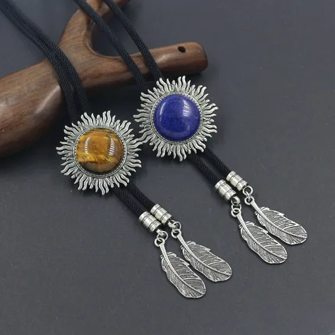 Vintage Western Cowboy Bolo Tie Retro Zinc Alloy Sunflower Lapis Lazuli Tiger Eye Pendant Necktie For Men Women Unisex Jewelry