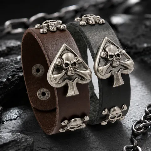 Brazalete Ancho de Cuero Retro Punk con Remaches de Calavere para Hombre Pulsera de Puño Vintage de Metal Picas Esqueleto Joyería de Street Dance Regalo