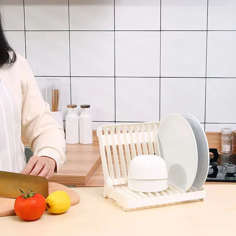 Égouttoir à Vaisselle de Cuisine Pliable Style Japonais en Plastique Blanc pour Assiettes Bols Organisateur de Comptoir