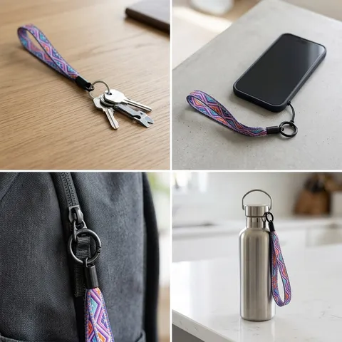 Ethnic Braided Phone Lanyard Polyester Alloy Keychain Anti-loss Wrist Strap Geometric Pattern Decorative Key Ring For Women Men
