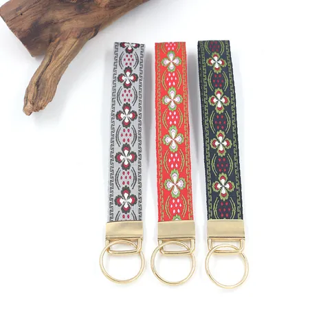 Ethnic Vintage Jacquard Polyester Wrist Strap Keychain Flower Pattern Embroidery Bag Charm Phone Lanyard Key Ring