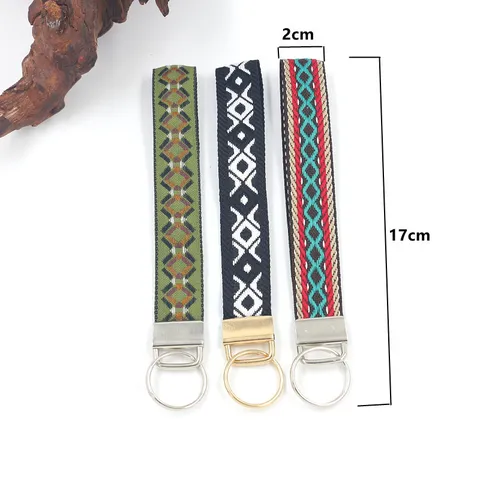 Vintage Ethnic Geometric Pattern Polyester Woven Wrist Lanyard Metal Clasp Anti-loss Keychain Short Strap Purse Bag Charm Gift