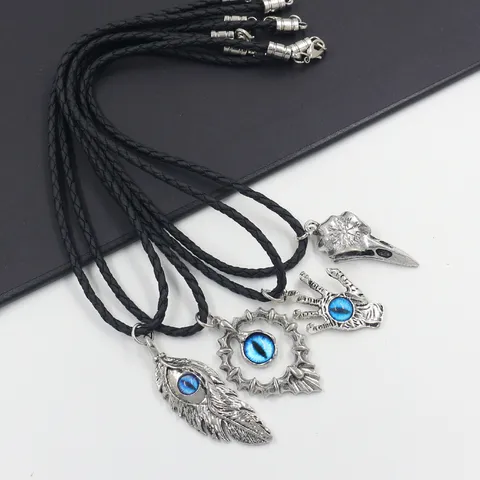 Vintage Men Gothic Evil Eye Pendant Necklace Retro Zinc Alloy Viking Crow Skull Feather Flame Braided Leather Rope Chain Necklace Jewelry
