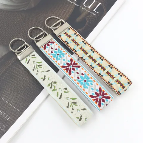 Ethnic Geometric Jacquard Wristlet Keychain Lanyard Bohemian Floral Pattern Anti-Lost Wrist Strap Bag Pendant For Women