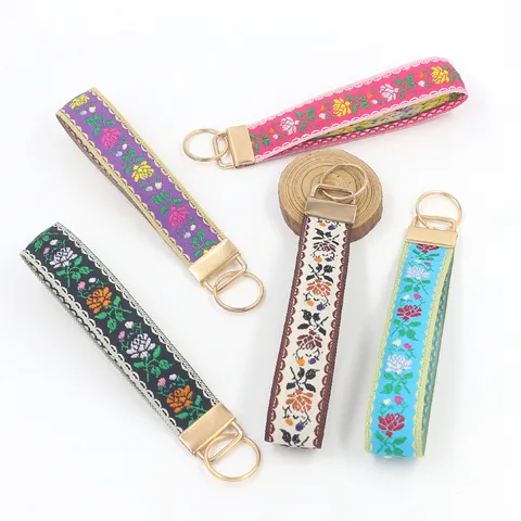 Vintage Ethno Stil Gewebt Handschlaufe Schlüsselanhänger Für Damen Stickerei Blume Geometrisch Jacquard Band Schlüsselring Tasche Anhänger
