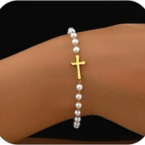 Minimalistisches Edelstahl Künstliche Perle Kreuz Armband Für Damen Gold Silber Plattiert Seitwärts Kreuz Verstellbare Kette Armband Schmuck Geschenk