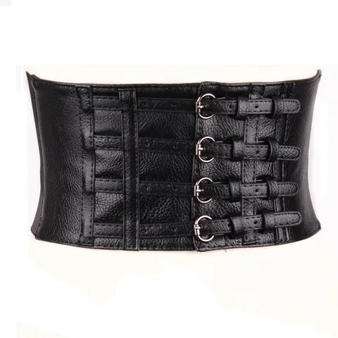 Cinturón de Corsé Ancho para Mujer Cuero PU Banda de Tinta Elástica Retro Cinturón de Vestido Minimalista Negro Accesorios de Moda
