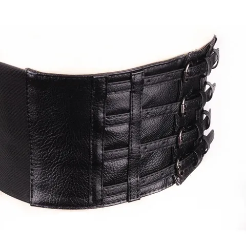 Cinturón de Corsé Ancho para Mujer Cuero PU Banda de Tinta Elástica Retro Cinturón de Vestido Minimalista Negro Accesorios de Moda