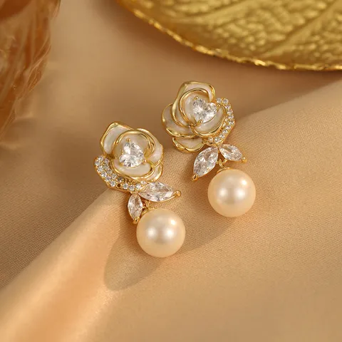 Elegante Messing Emaille Blume Ohrhänger Für Damen Luxus Strass Künstliche Perle Ohrringe Büro Pendeln Mode Schmuck