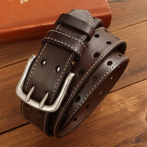 Cintura da Uomo in Vera Pelle Vintage Casual Invecchiata Traforata con Doppia Fibbia ad Ardiglione per Jeans