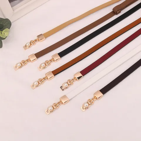 Cintura Vera Pelle Donna Cintura Abito Sottile Minimalista Con Fibbia Metallo Perla Accessorio Moda Vita Per Abiti
