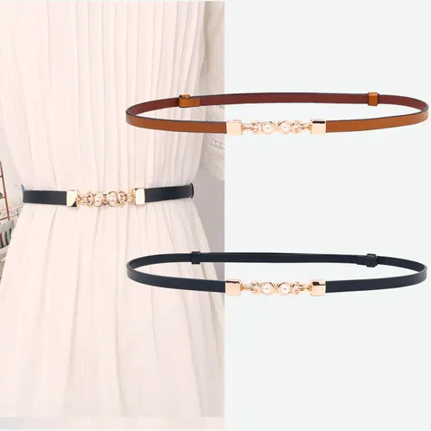 Cintura Vera Pelle Donna Cintura Abito Sottile Minimalista Con Fibbia Metallo Perla Accessorio Moda Vita Per Abiti