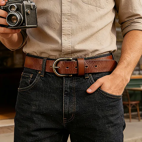 Cintura da Uomo in Pelle Vintage con Fibbia a Ferretto di Cavallo in Metallo