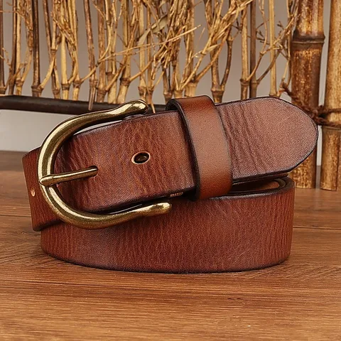 Cintura da Uomo in Pelle Vintage con Fibbia a Ferretto di Cavallo in Metallo