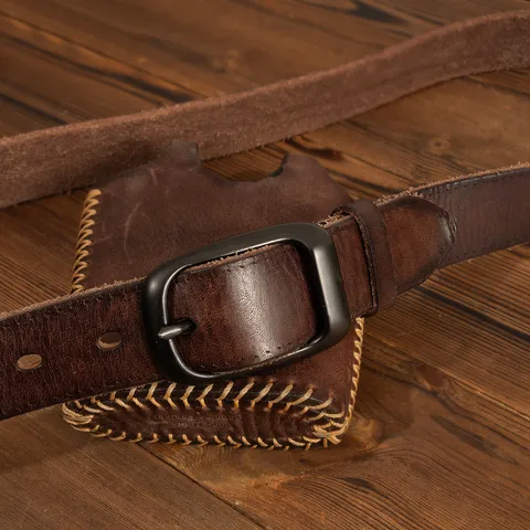 Cintura da Uomo in Vera Pelle Bovina Stile Retro Vintage con Fibbia ad Ardiglione in Lega per Uso Quotidiano