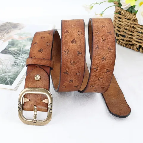 Cintura da Donna in Vera Pelle Vintage con Motivo ad Ancora Embossato Retro Casual Tutti Abbinamenti Jeans Pantaloni