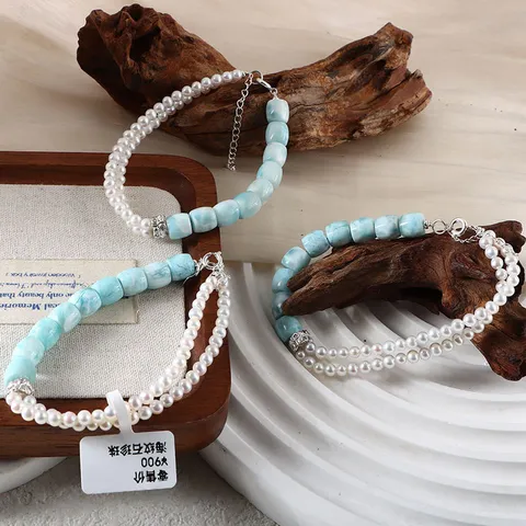 Natürliches Larimar Süßwasserperlen Armband Für Damen Verstellbare Legierungskette Retro Leichter Luxus Schmuck Perlenarmband