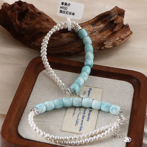 Natürliches Larimar Süßwasserperlen Armband Für Damen Verstellbare Legierungskette Retro Leichter Luxus Schmuck Perlenarmband