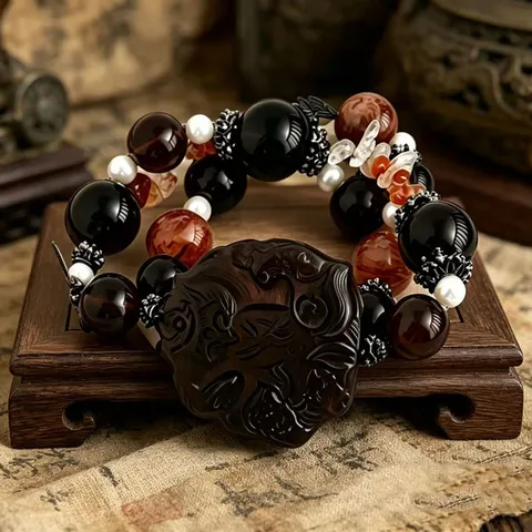 Handgefertigtes Natürliches Kristall Armband Neunschwänziger Fuchs Anhänger Künstliche Perlen Perlenarmband Obsidian Rosenquarz Schmuck Für Damen