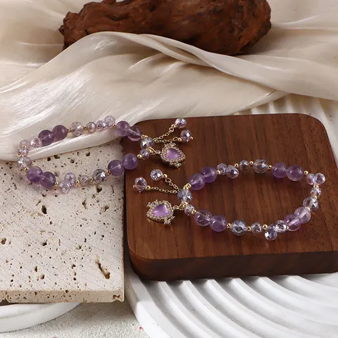 Natürlicher Amethyst Perlenarmband Herzanhänger Strass Eingelegt Mori-Stil Vintage Quaste Handgefertigt Kristall Armband Damen
