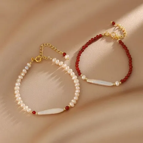 Süßwasserperle Rote Achat Armband Für Damen Nische Design Elegante Kontrastfarbe Perlen Hand Schmuck Mit Verlängerungskette