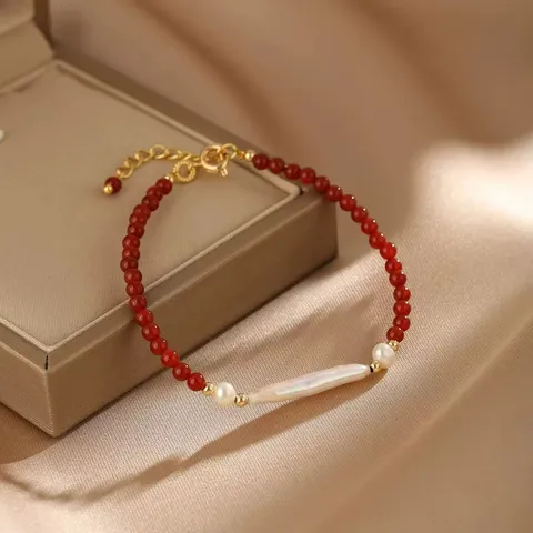 Süßwasserperle Rote Achat Armband Für Damen Nische Design Elegante Kontrastfarbe Perlen Hand Schmuck Mit Verlängerungskette