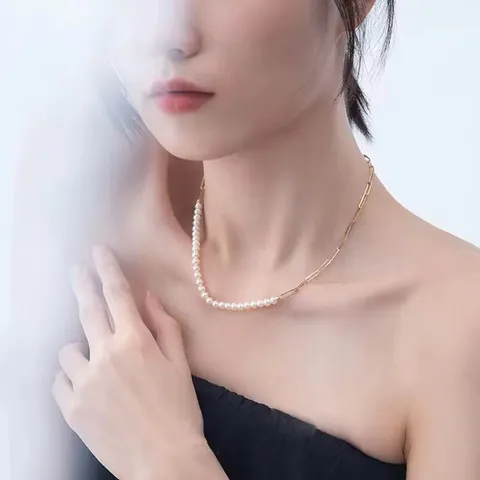 Nischendesign Asymmetrische Süßwasserperle Halskette Gold Büroklammer Kette Elegante Choker Schmuck Geschenke Für Damen