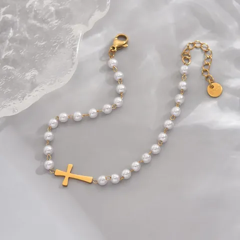 Minimalistisches Edelstahl Künstliche Perle Kreuz Armband Für Damen Gold Silber Plattiert Seitwärts Kreuz Verstellbare Kette Armband Schmuck Geschenk