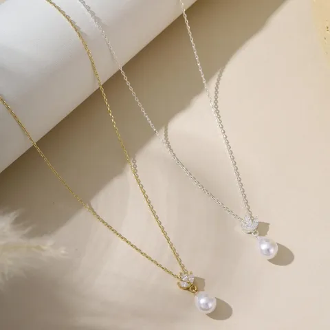 Französische Retro Kupfer Künstliche Perle Strass Anhänger Halskette Für Damen Elegante Schlüsselbeinkette Täglich Party Schmuck Geschenk