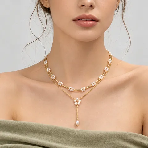 Französisch Elegante Süßwasserperle Kette Für Damen Vergoldetes Kupfer Quaste Blumen Choker Doppelpack Layering Anhänger Halskette Schmuck