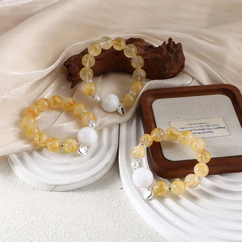 Natürliches Citrin Schneeflocke Geist Kristall Armband Für Damen Handgefertigter Herzanhänger Leichter Luxus Edelstein Schmuck
