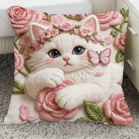 Cute Healing Cat Floral Print Plush Throw Pillow Cushion Soft Decorative Pillow For Home Sofa Car Living Room