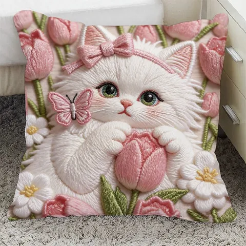 Cute Healing Cat Floral Print Plush Throw Pillow Cushion Soft Decorative Pillow For Home Sofa Car Living Room