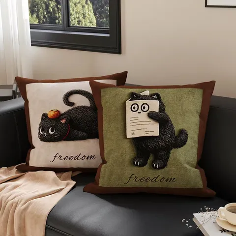 Retro Style Black Cat Print Throw Pillow Cover Cute Animal Decorative Cushion Cover Modern Sofa Bed Pillowcase