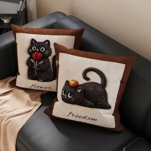 Retro Style Black Cat Print Throw Pillow Cover Cute Animal Decorative Cushion Cover Modern Sofa Bed Pillowcase
