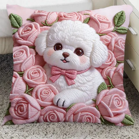 Rose Bichon Printed Decorative Pillow Case Cute Dog Cartoon Cushion Cover Soft Plush Sofa Home Decor Throw Pillow
