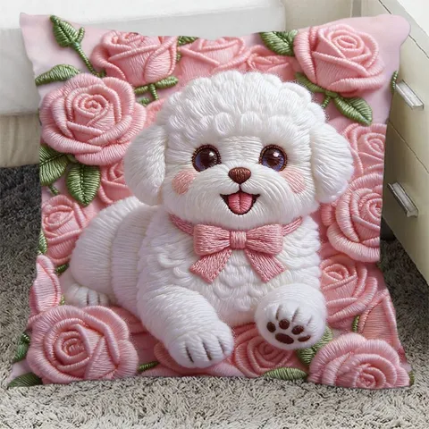 Rose Bichon Printed Decorative Pillow Case Cute Dog Cartoon Cushion Cover Soft Plush Sofa Home Decor Throw Pillow
