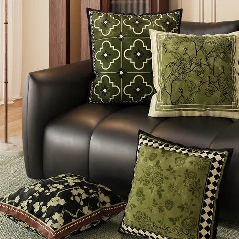 Vintage Green Botanical Throw Pillow Cover with Core Retro Floral Striped Sofa Cushion for Living Room Bedside Car Decor