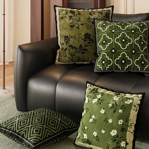 Vintage Green Botanical Throw Pillow Cover with Core Retro Floral Striped Sofa Cushion for Living Room Bedside Car Decor