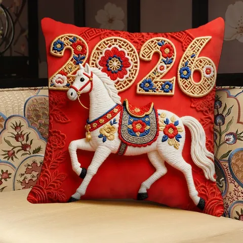 Red Festive Horse Year Print Throw Pillow Soft Plush Cushion Cover With Or Without Core For New Year Sofa Home Decor