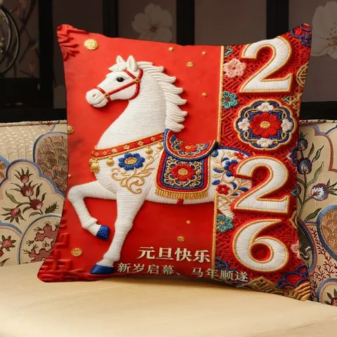 Red Festive Horse Year Print Throw Pillow Soft Plush Cushion Cover With Or Without Core For New Year Sofa Home Decor